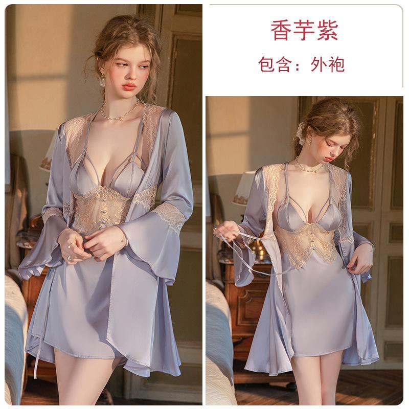 Women's Satin Lace Sheer Padded Slim Backless Cami Sleep Dress with Robe Lounge Set