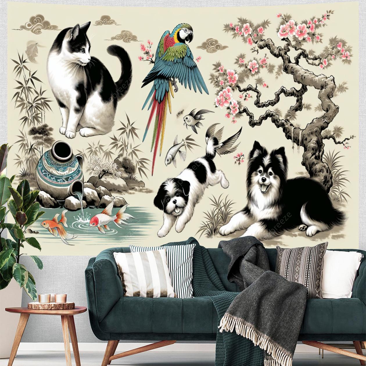 

Oriental Vintage Animal Parade Tapestry Wall Neutral Tones Living Room Decor Chinese Ink Wash Botanical Cloud Koi Pond Motif 74x94cm(29x37in)