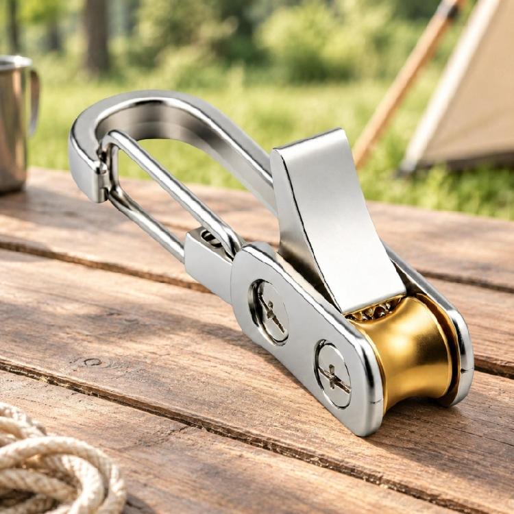 Outdoor Rope Manager Roller Tightening Tool for Hiking and Picnics, with Spring-Gate Clip and Grooved Guide Wheel for Securing and Managing Cord
