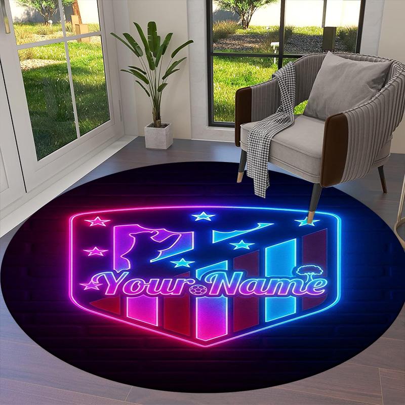 Atletico Fan Gear Custom Name Round Area Rug Carpet Rug For Living Room Bedroom Sofa Playroom Decor Nonslip Floor Mat