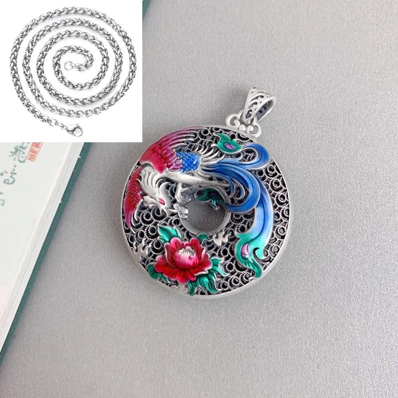Neu im Charms Chinesischer Stil Geschnitzt Bunt Emailliert Phönix Pfingstrose Blume Halskette Für Frauen Runder Hohler Anhänger Schmuck