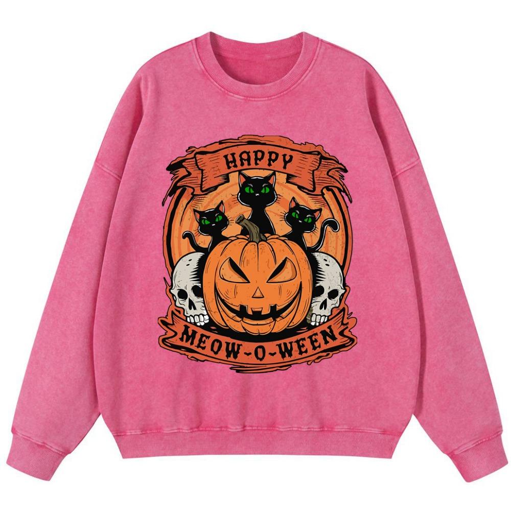 Happy Meow O Ween Girl Vintage Washed Cotton Sweatshirt Korean High Quality Pullover Street Thin style Hoodie