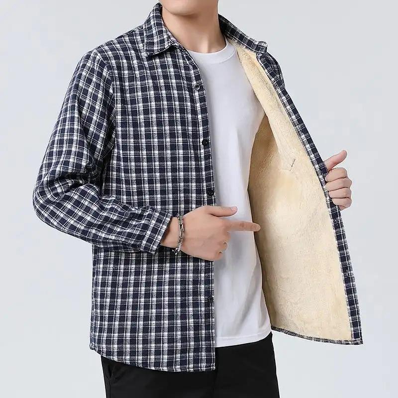 Men's Clothing Autumn and Winter Plaid Contrast Button Cardigan Lapel Long Sleeve Shirts Top