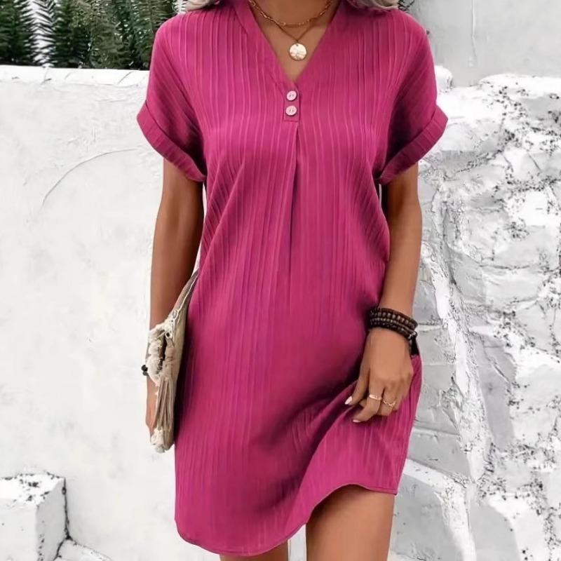 Women's V-neck Solid Color Pullover Casual Button Dress