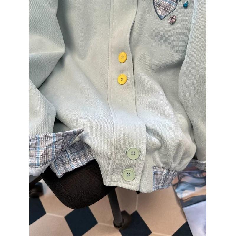 Star Contrasting Women's Hoodie Plaid Lapel Colored Button Sweatshirt Jacket Korean Casual Female Loose Long Sleeved Top