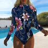 Women Long Sleeve One Piece Swimsuit Zip Front Flower Print Rash Guard Surfing Bathing Suit