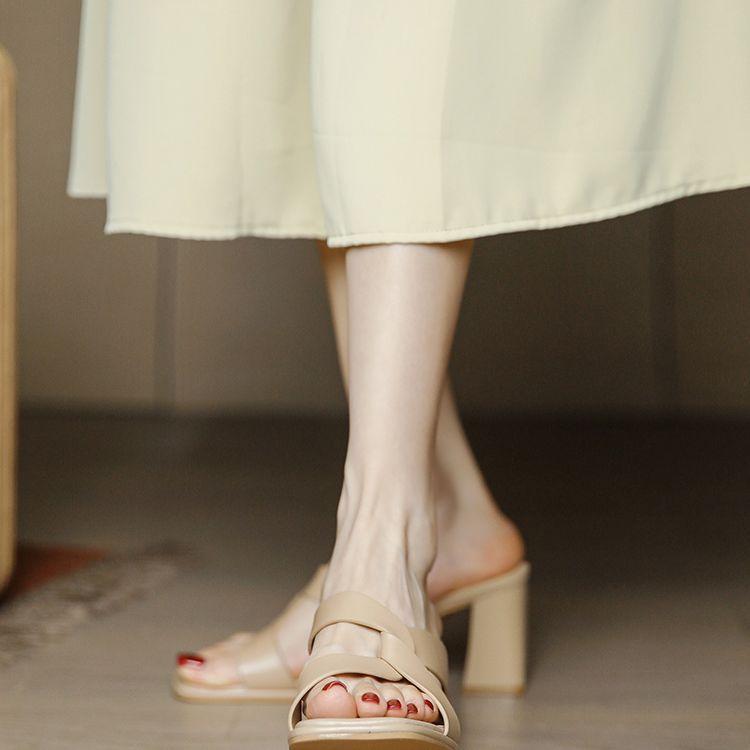 Open-toed high heels women's thick heels 2025 summer new Roman lazy shoes wear a pedal square head cool slippers women