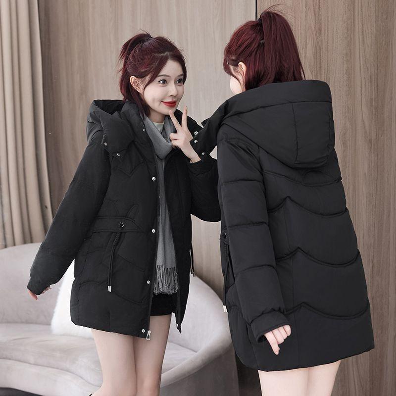 Women Winter Solid Color Mid Length Cotton Padded Coat Korean Loose Thick Warm Student Outerwear Jacket