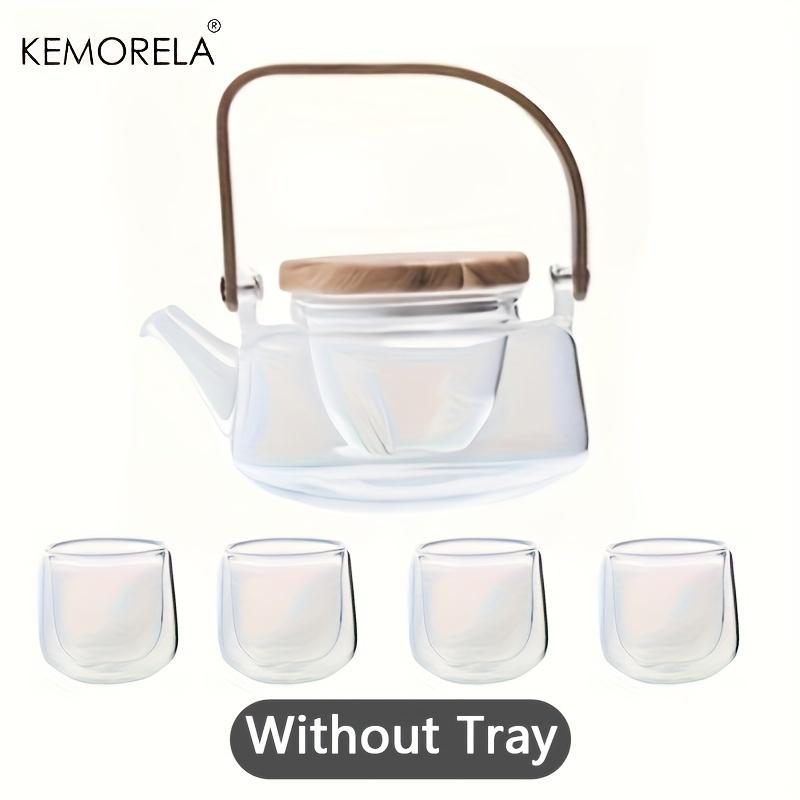 

5 шт., набор термостойких стеклянных чайников с деревянным подносом, двухслойная стеклянная чашка, чайный сервиз, чайник, фруктовый чай, подходит в качестве подарка для любителей чая 5pcs