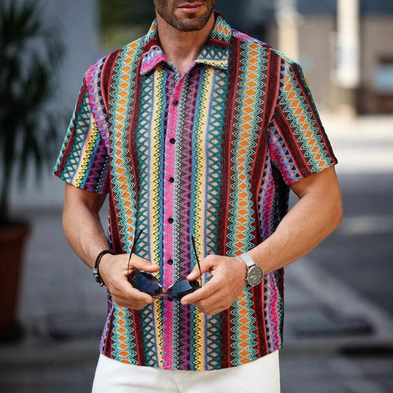 Camicia da Uomo a Maniche Corte con Stampa Geometrica Azteca, Bottoni, Casual, Estiva, da Spiaggia