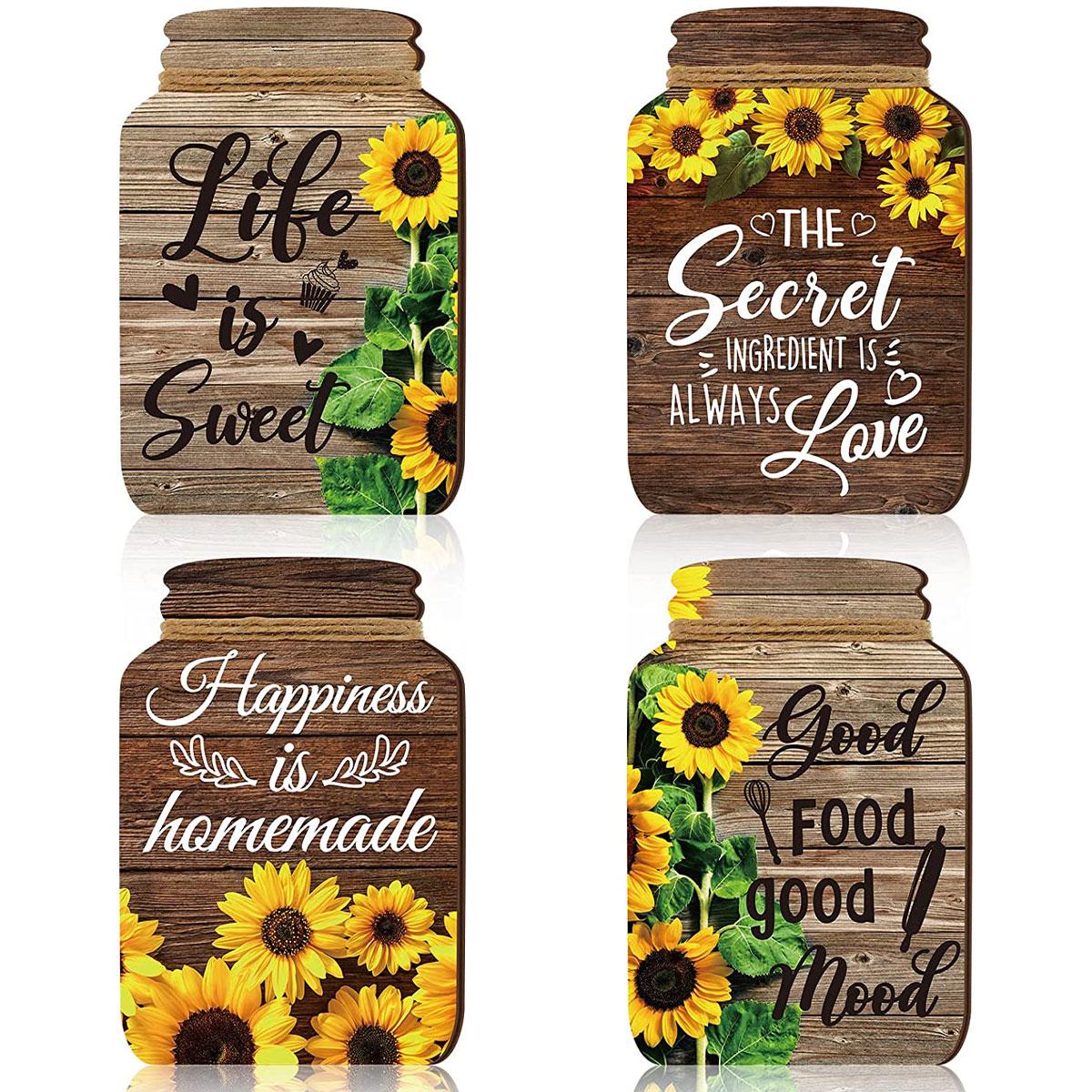 

4Pcs Wooden Jar Plaque Set Rustic Sunflower Wall Signs Inspirational Home Wall Hanging Decor for Farmhouse Kitchen Bar Coffee
