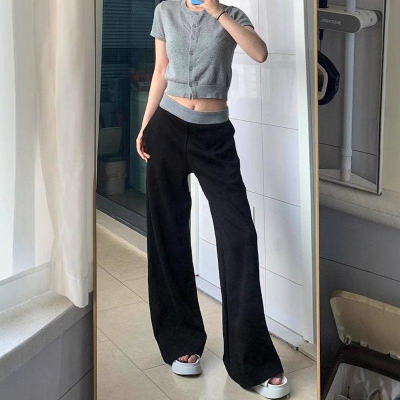 Women's Black Sports Sweatpants - Loose, Straight, Wide-Leg, Floor-Length, Slimming Drape, Spring Casual Wear
