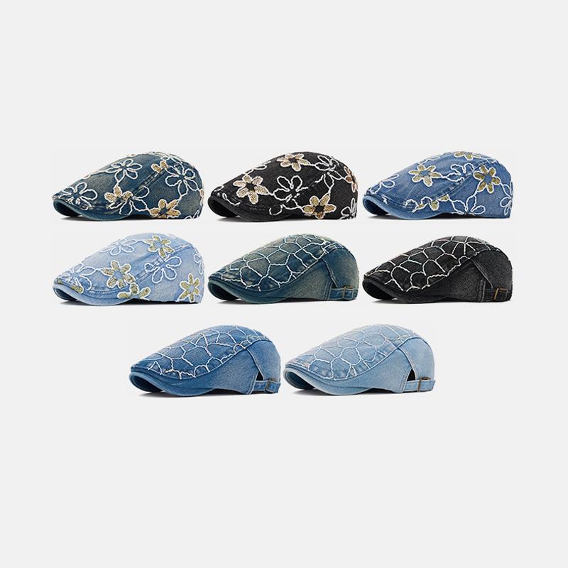 Spring Summer Newsboy Hat Women Sequins Embroidered Flower Beret Denim Retro Progressive Hat