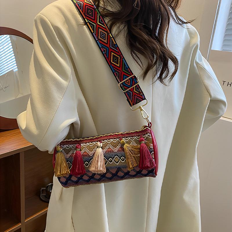 Fashionable Ethnic Style Embroidered Thread Cylinder Cross Shoulder Bag