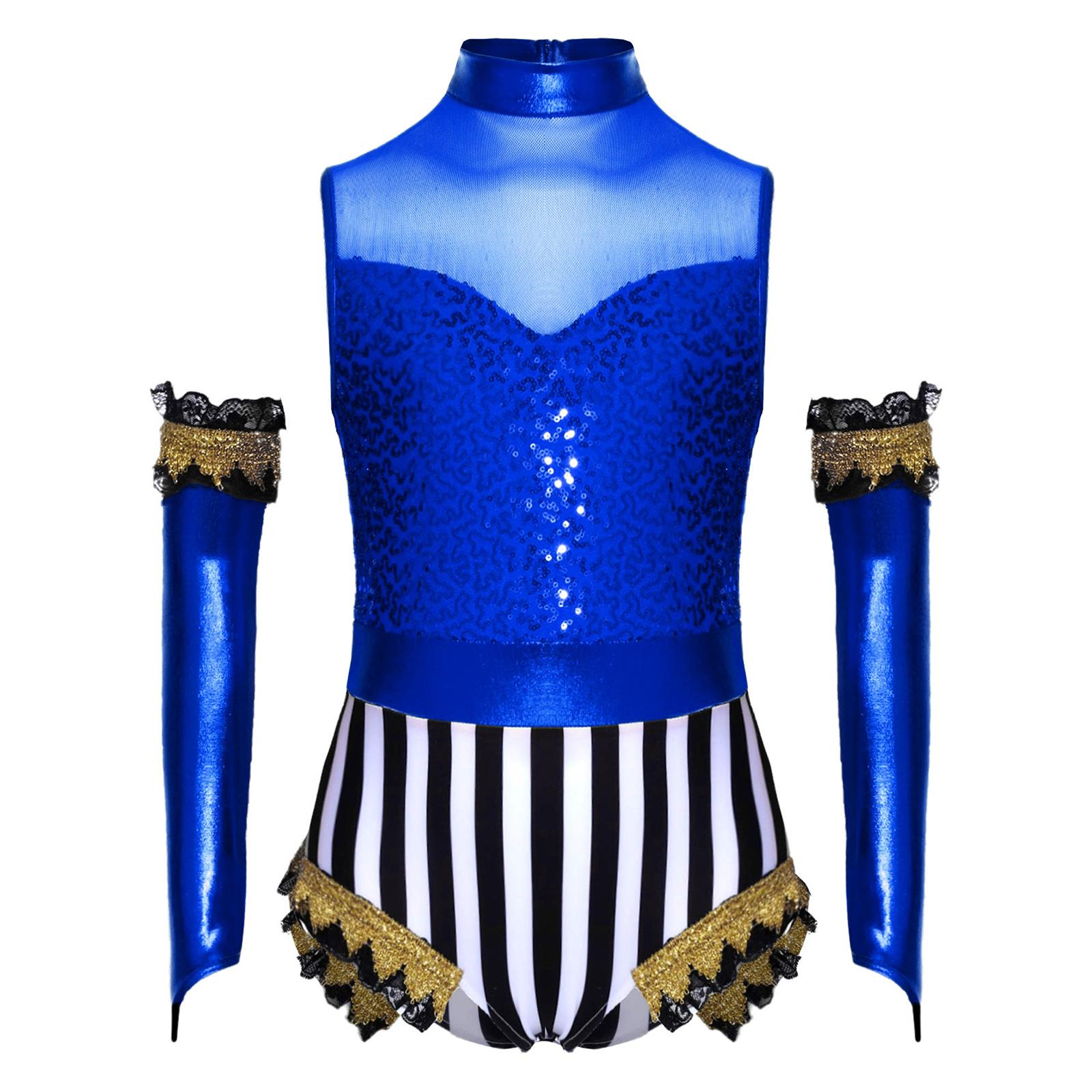 

Girls Circus Costume Set Shiny Sequins Mock Neck Sleeveless Jumpsuit Matched Metallic Over Sleeve 5-6 Years темно-синього кольору