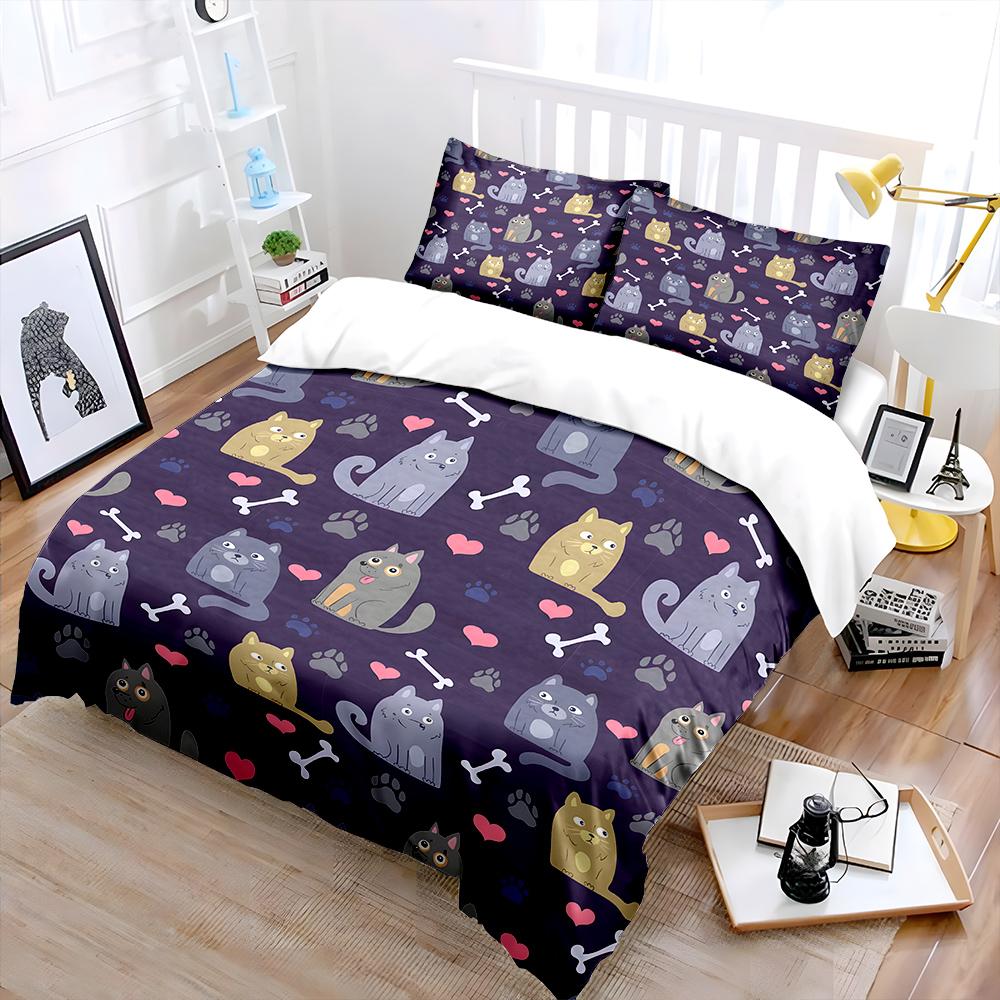 Cute Cats And Elements Background Print Bedding Set 1 Duvet Cover 2 Pillowcases For Adult And Children Luxury Gift Full Size
