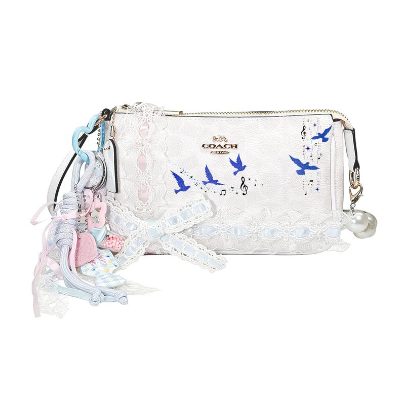 

COACH handbag [Customized bag] Nolita19 fog blue pink cherry metal brand logo zipper pink blue pendant bow ribbon pearl extension birds are singing синій