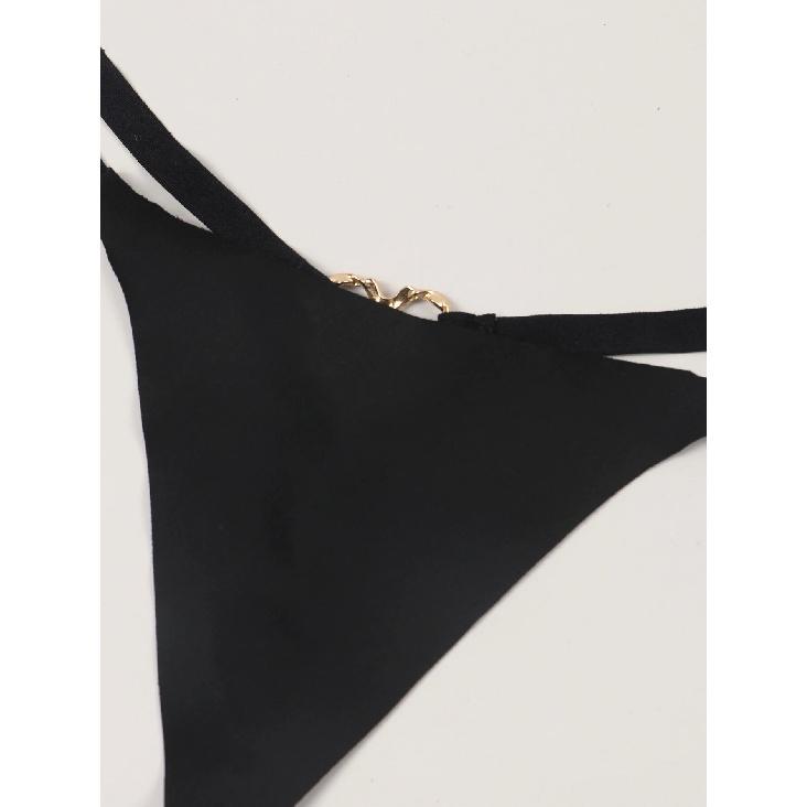 Women's Sexy Panties Thong Metal Decoration At The Back G-Strings Low Rise Brief Solid Black Underwear