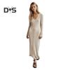 Fall Winter Women Dress V Neck Threa Loose Long Sleeves Solid Color Knitted Slim Waist Maxi Dress Stretchy Casual Dating Commuting Dress