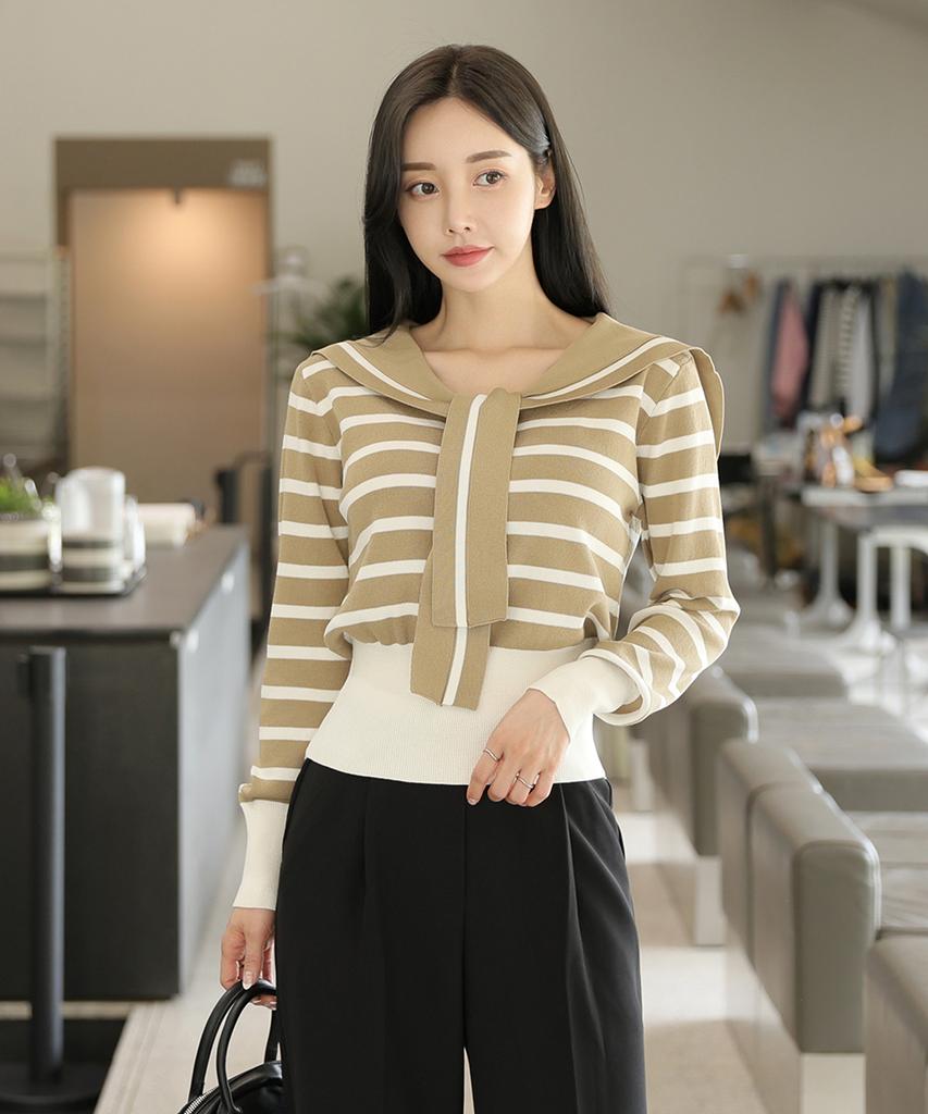 Ppaeppae Tie Sailor Collar Neck Striped Knit T-Shirt