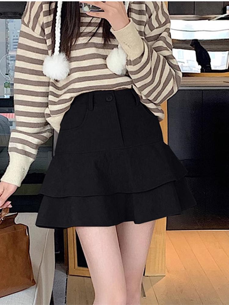 Women's Coffee Corduroy Pleated High-Waisted A-Line Skirt - Hip-Hugging Fluffy Short Skirt for Fall/Winter