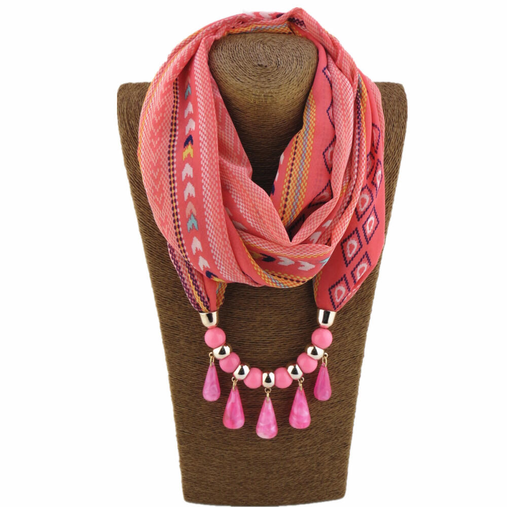 Vibrant Chiffon Infinity Scarf with Ethnic Print & Beaded Tassel Necklace – Women’s Boho Fashion Accessory