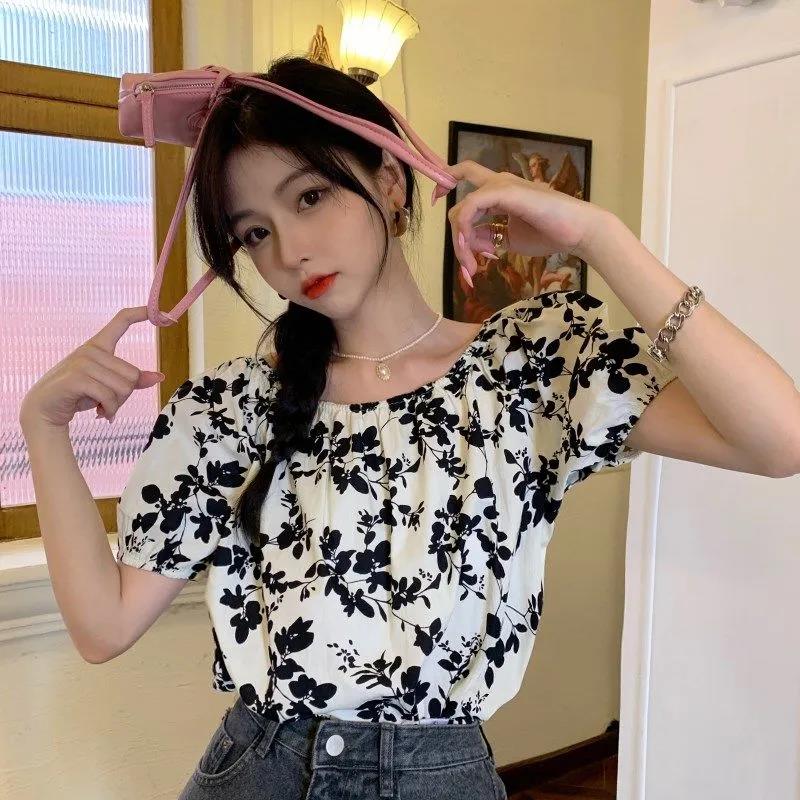 Jednodílný top s výstřihem, květinová šifonová košile, dámské tričko, volné, odhalující ramena, krátký rukáv