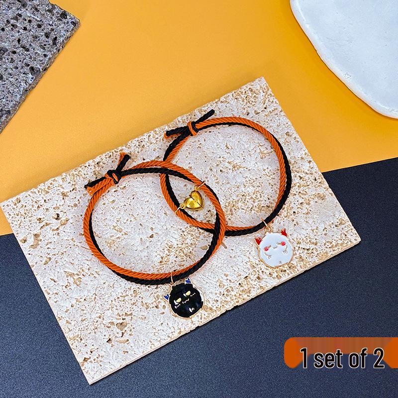 European & American Pumpkin Ghost Magnetic Couple Bracelet Set - Handmade, Adjustable, Elastic, Simple Halloween Design