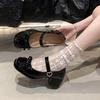 French Bow Square Head Small Leather Shoes Women's One-word Buckle Skirt Beige Hepburn Style Mary Jane Medium Heel Single Shoes