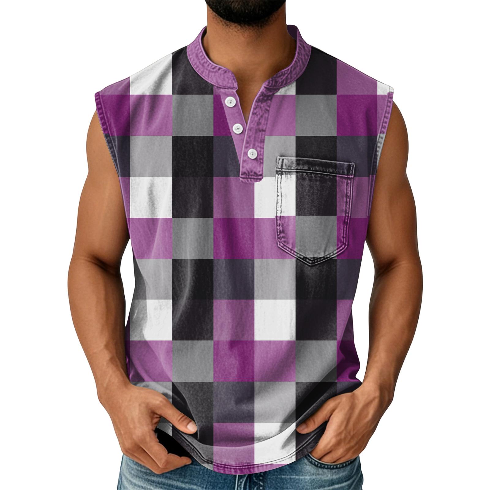 

Men Tank Tops Sleeveless Shirts for Men Plaid Pattern Henley Neck Pocket Design Comfortable Fit Men s Tank Shirts XXXL фиолетовый