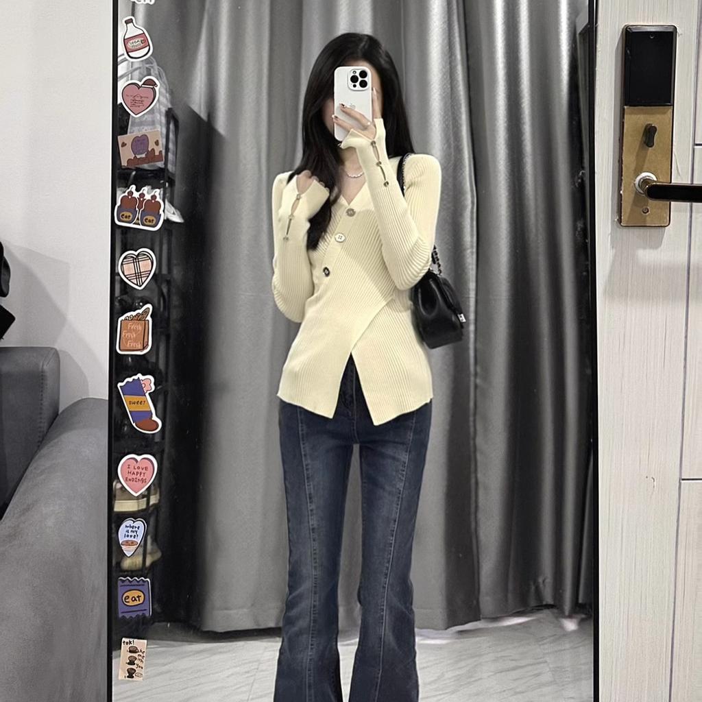 Irregular pure desire to look thin V-neck sweater cross slim cut split pullover knitted long sleeve inner cover