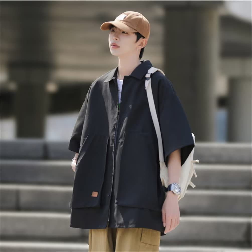 Trysimple Casual Short Sleeve Open Dress Summer Flattering Loose with Pockets Men's Shirt, Collar, Shirt, Jacket, Fit, Fit, (4XL, Black)