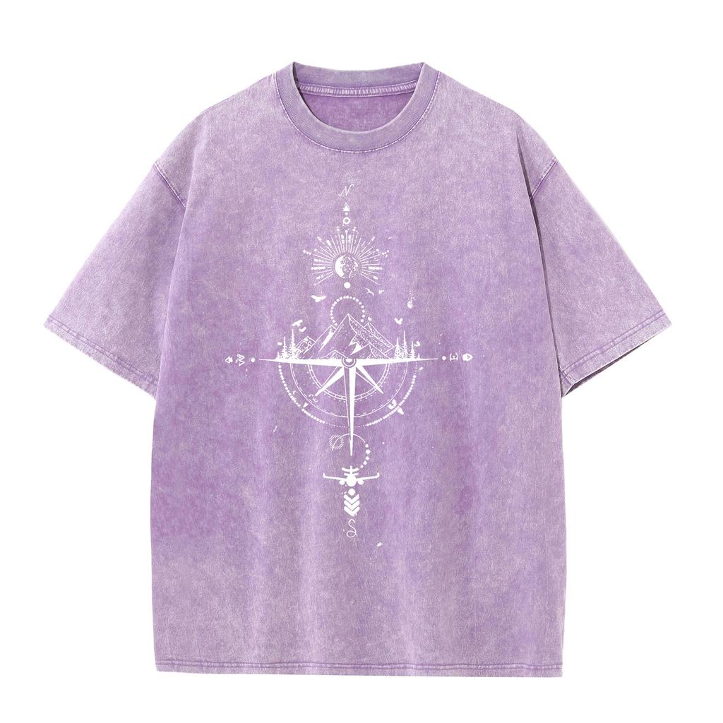 American Vintage Washed T Shirt Compass Mountain Graphic Streetwear Oversized Tee