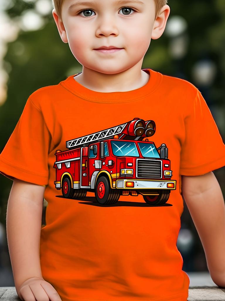 Cartoon Rotes Feuerwehrauto Feuerwehr Fahrzeug Kunst Grafikdruck T-Shirt Familienpassend Jungen Mädchen Kinder Kurzarm Tägliche T-Shirts