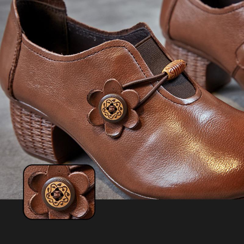 Johnature Echtleder-Pumps, Retro-Stil, runde Zehenpartie, dicker Absatz, weiche Sohle, einfarbig, vielseitige Damenschuhe