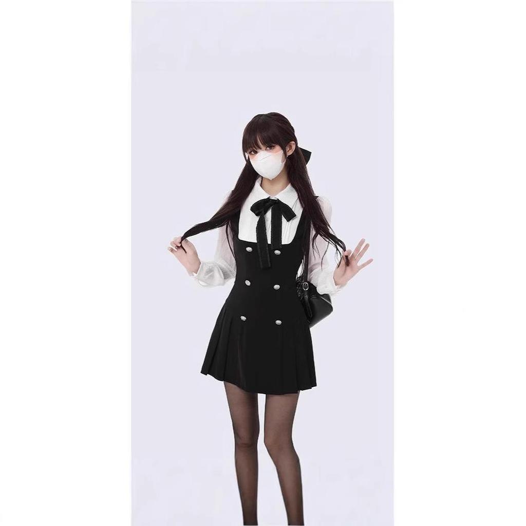 2025 New College Style Slimming French Autumn Bow Long Sleeve Two-Piece Dress