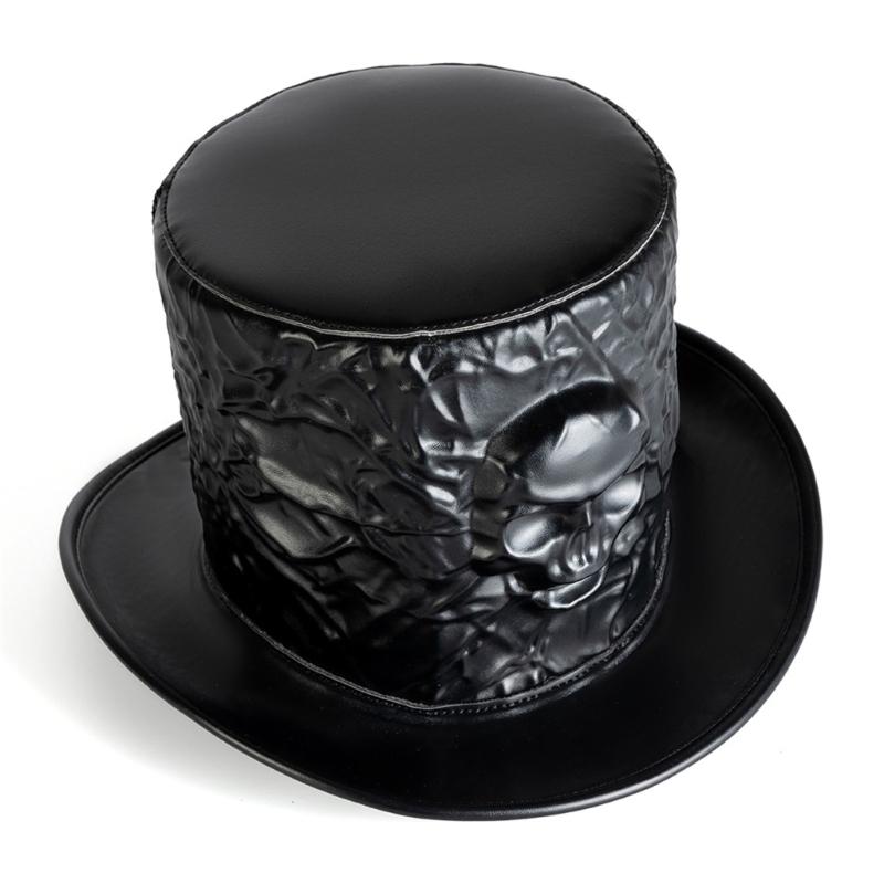 Halloween Totenkopfhut aus PU und Polyester mit breiter Krempe und schwarzer Farbe, atmungsaktiver Zylinder für Damen und Herren
