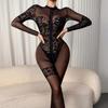 Women's Lace Embroidered Bodysuit Sexy Crew Neck Sheer Long Sleeve Bodysuit Fashionable Lightweight Breathable Lingerie Layering Top