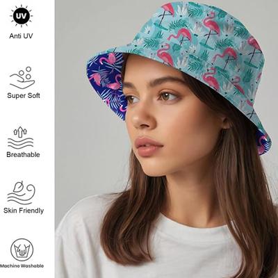 Rybářský klobouk s potiskem plameňáků Unisex sluneční klobouk Oboustranný cestovní kempingový klobouk s UV ochranou Skládací krátký okraj Venkovní aktivity Čepice