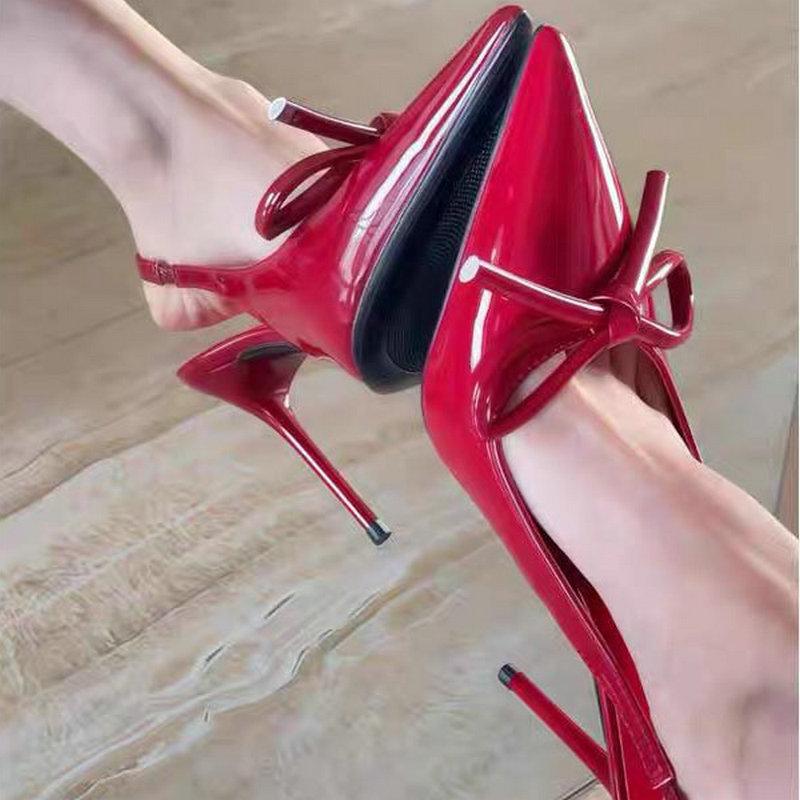 Fashion Instagram Style ~ Pointed-Toe High Heels, Sexy Red Bow Single Shoes, Open Back, French Toe Cap Sandals, Women'S Thin Heels
