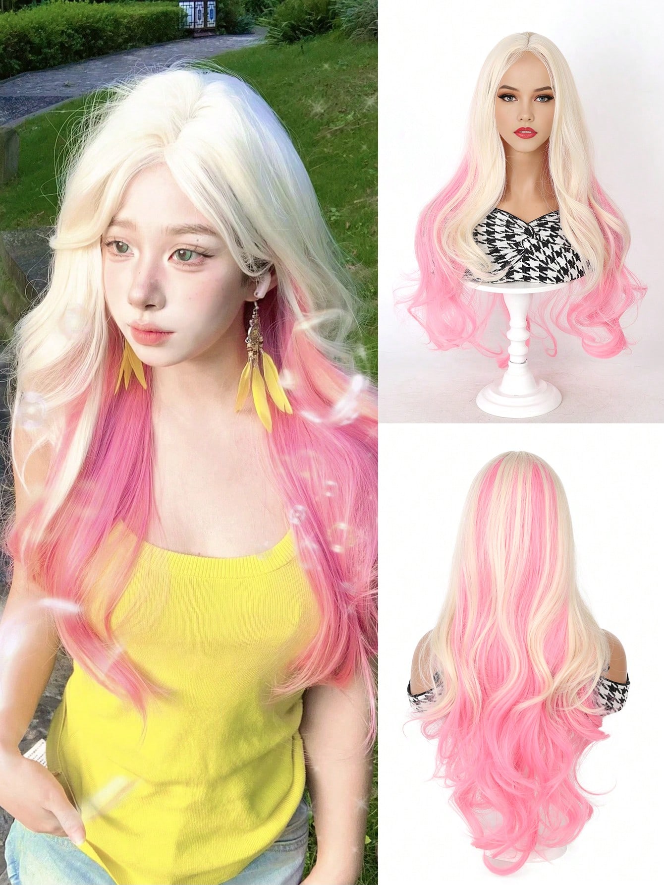 Длинный большой волнистый платиновый градиентный синий парик для женщин и девочек, термостойкие парики из волокна, милые рождественские подарки на Хэллоуин, Рождество и повседневное использование