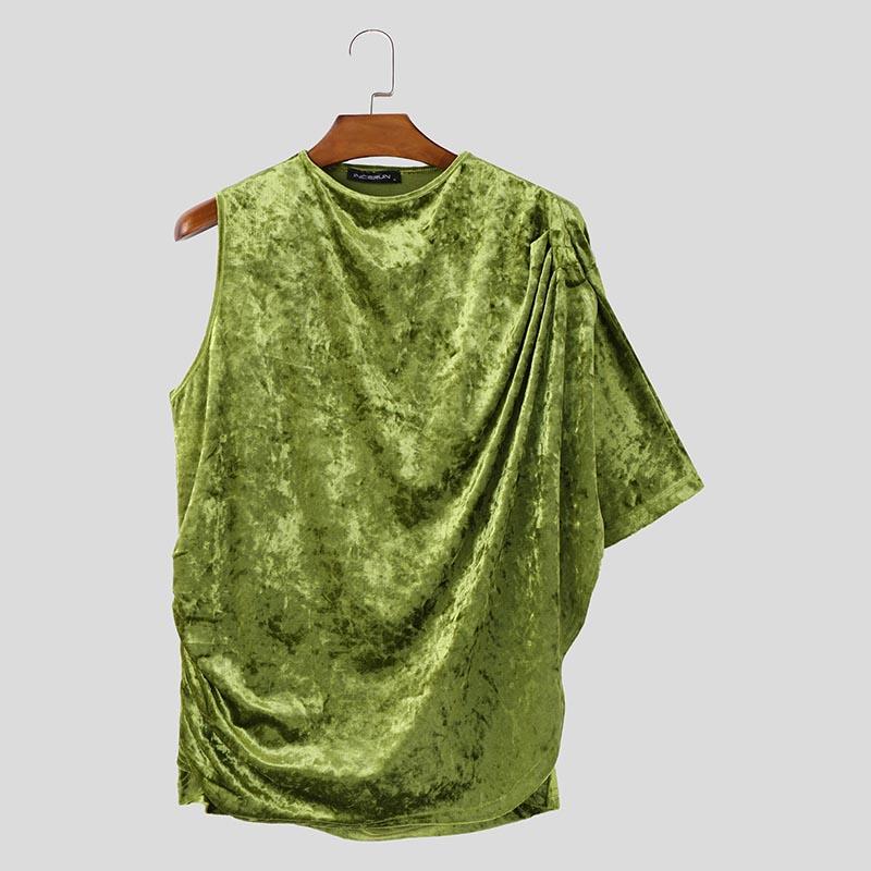 

INCERUN Мужские топы на одно плечо с открытой спиной из бархата с блестками и оборками, повседневные футболки 3XL зелёный