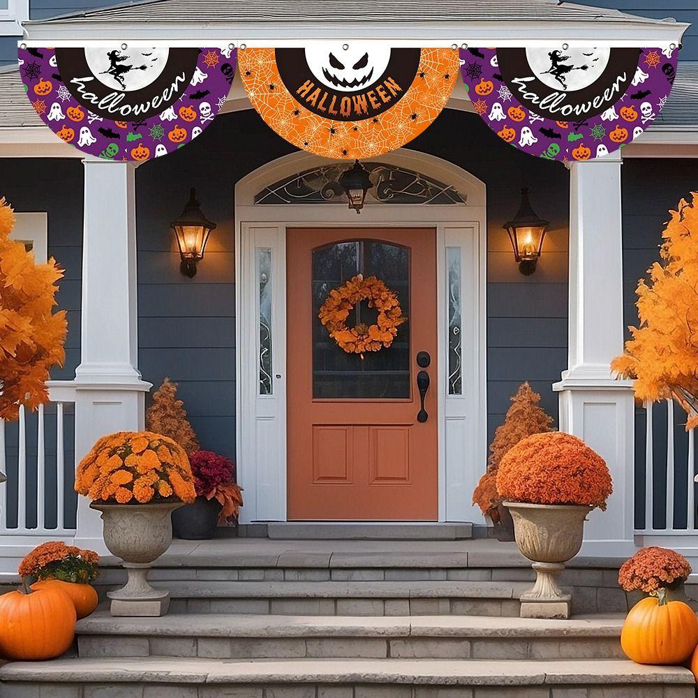 Polyester Halloween Fan Flag Decorative Ghost Pumpkin Bunting Flag for Home