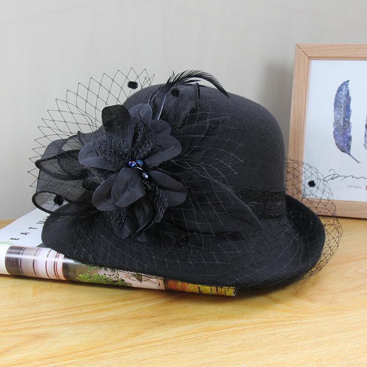 

Шерстяная шляпа женская осенне-зимняя британская ретро универсальная шляпа-ведро Хепберн сетка цветок плиссированная шляпа-цилиндр Adjustable