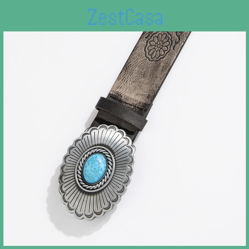 Gothic Faux Leather Belt With Large Turquoise Flower Pattern For Stylish Girls