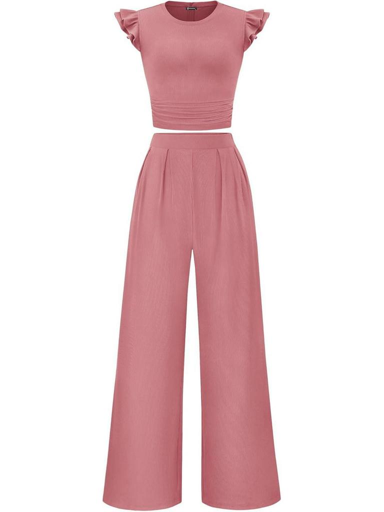 Women's 2026 Summer Solid Color Two-Piece Set with Ruffle Wide-Leg Pants