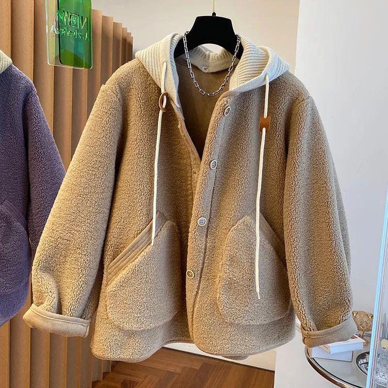 Women's 2025 Patchwork Lamb Wool Hooded Sweatshirt – Fleece-Lined and Loose Fit for Autumn/Winter