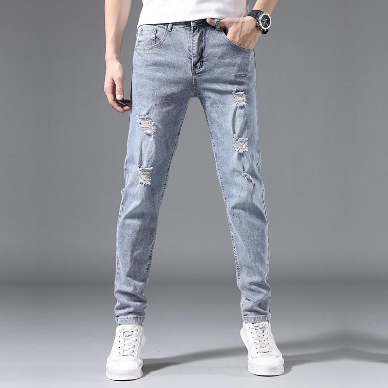 Summer men's jeans slim fit elastic pants for men Korean style trendy youth light-colored trousers