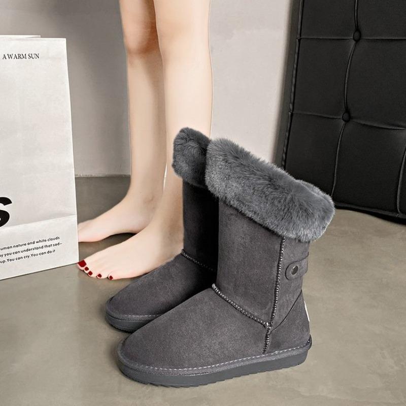 Medium boots women's new velvet thickened warm versatile sleeve thick-soled cotton boots large size