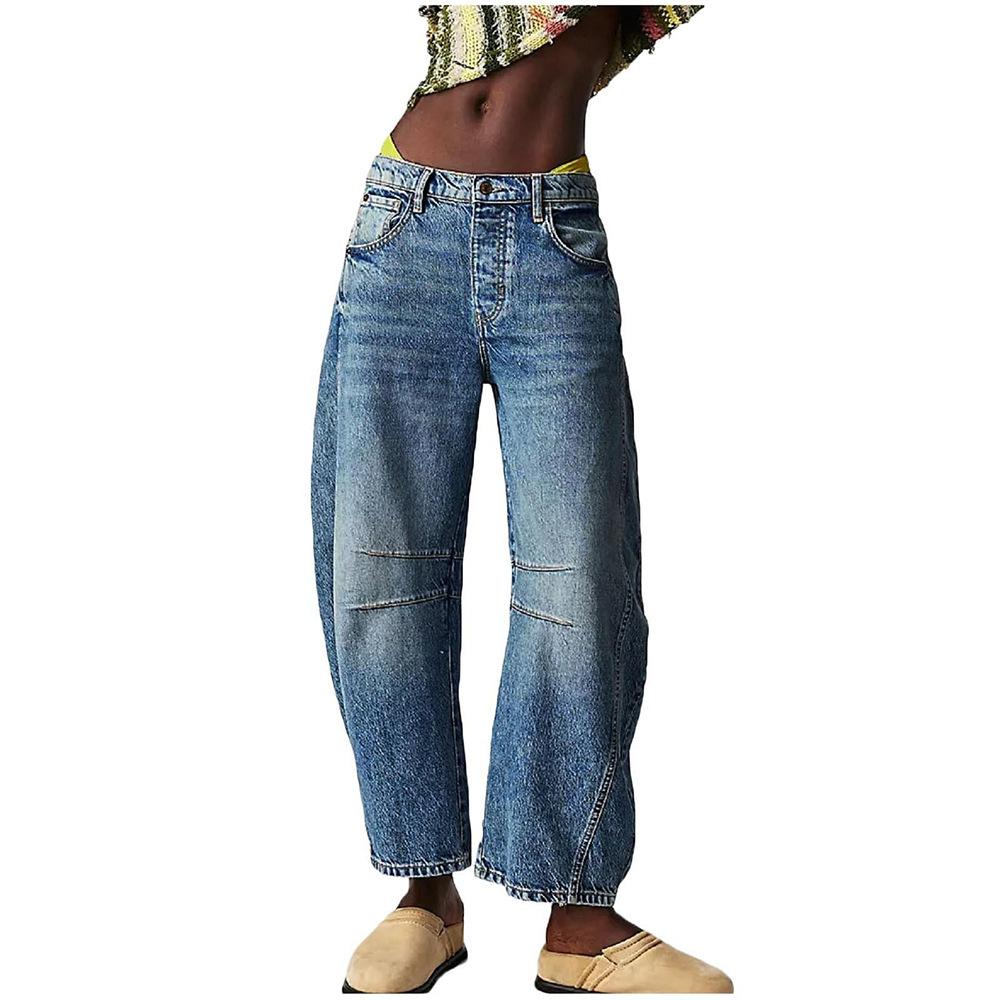 Niche Women s Clothing Wide-leg Loose Jeans Straight Down Washed Long Pants Trendy Light Wash Barrel Jeans, High-rise Relaxed Fit Casual Pants S синий